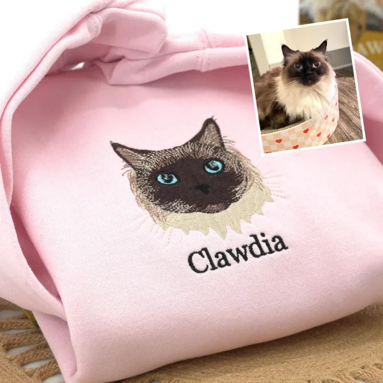 Full Color Pet Portrait Embroidered Sweatshirt – Custom Dog, Cat & Horse Face with Name/Date