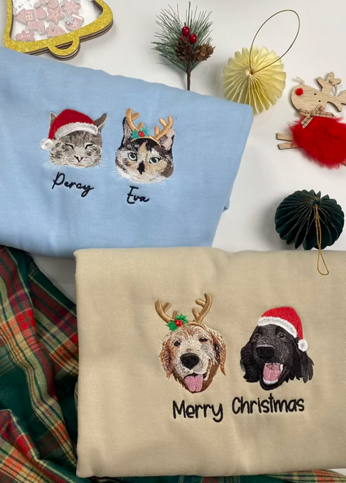 Custom Dog Cat Portrait Embroidered Christmas Sweatshirt Hoodie T-shirt