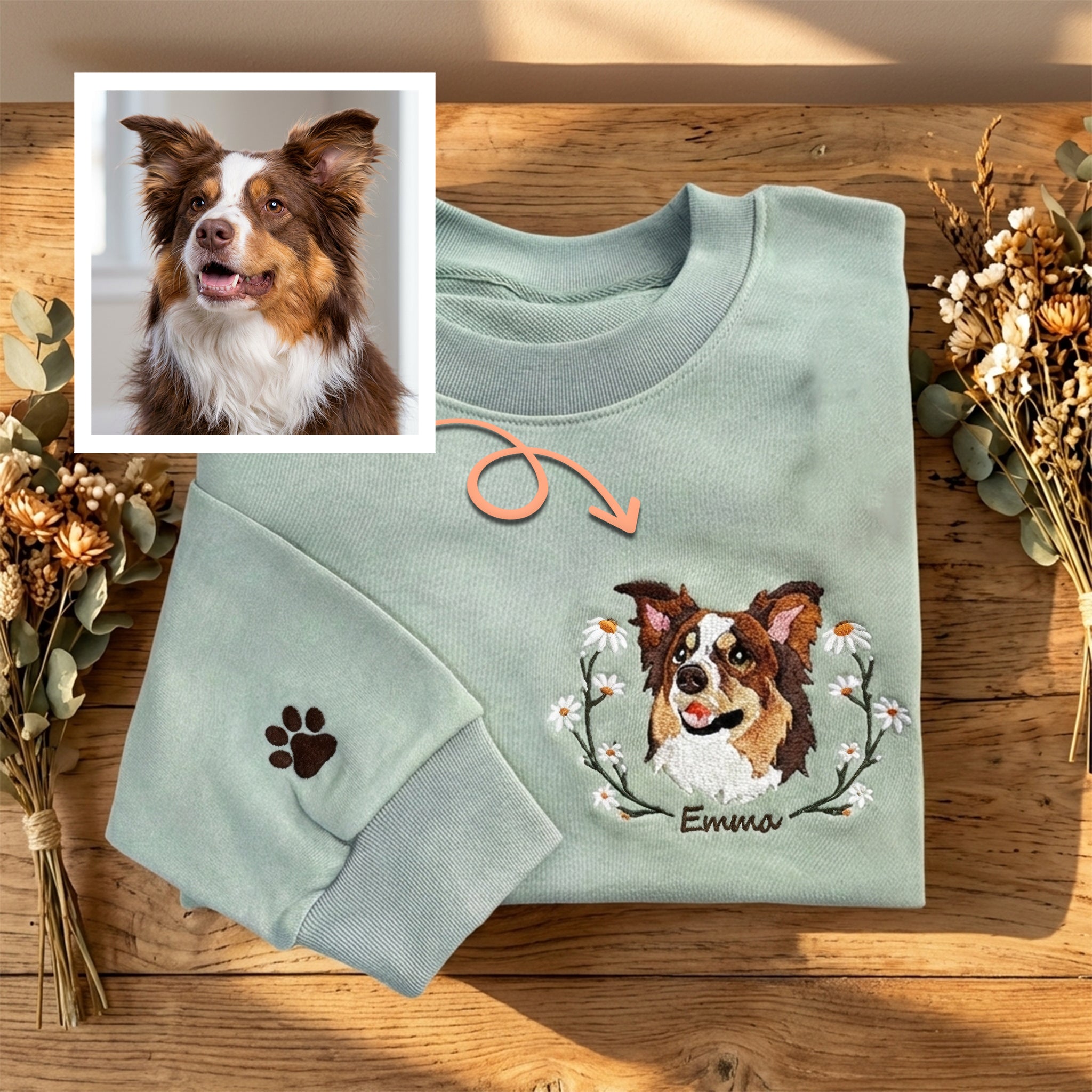 Custom Embroidered Pet Portrait with Floral Wreath