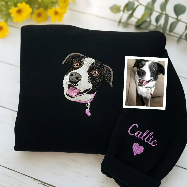 Full Color Pet Portrait Embroidered Sweatshirt – Custom Dog, Cat & Horse Face with Name/Date