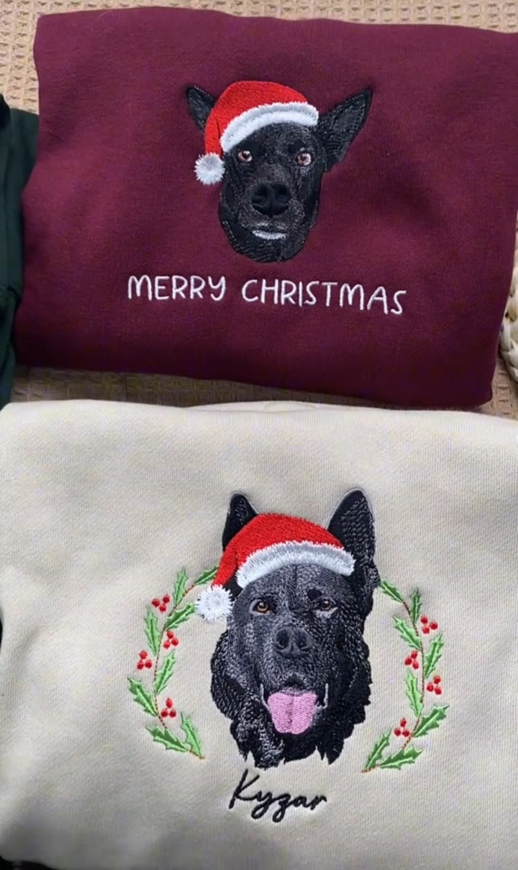 Custom Dog Cat Portrait Embroidered Christmas Sweatshirt Hoodie T-shirt