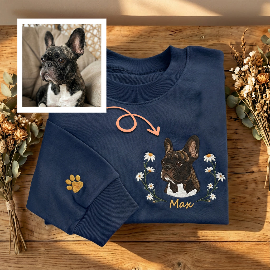 Custom Embroidered Pet Portrait with Floral Wreath