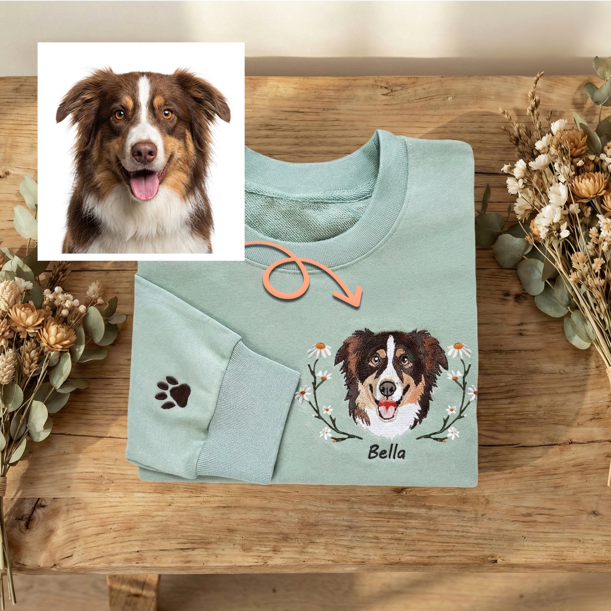 Custom Embroidered Pet Portrait with Floral Wreath